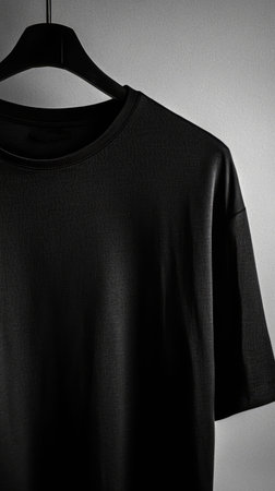 A simple black t-shirt is displayed on a hanger against a neutral background, emphasizing minimalist design and contemporary style choices for wardrobe.の写真素材