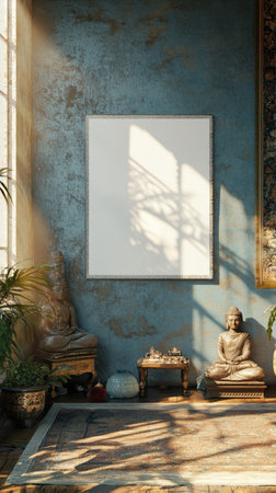 A peaceful indoor area features ornate statues, lush greenery, and soft sunlight streaming through windows, creating a tranquil atmosphere for reflection.の写真素材