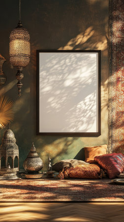 A serene interior space showcases intricately designed decor, soft cushions, and warm light filtering through, creating a welcoming atmosphere.の写真素材