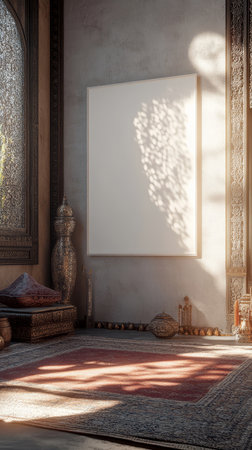 Sunlight filters through intricate windows onto a serene art studio with a blank canvas, ornate furniture, and decorative objects, evoking creativity.の写真素材
