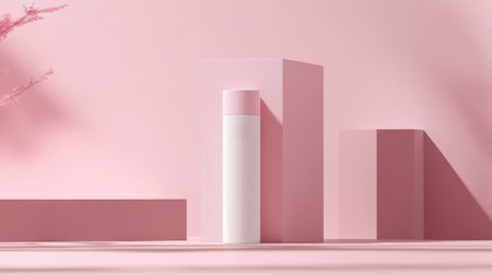 A sleek skincare bottle stands prominently against soft pink geometric shapes, highlighting a minimalist aesthetic and modern design. Perfect for branding.の写真素材