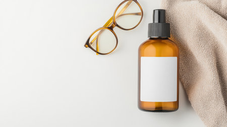 Skincare product bottle sits next to a pair of glasses and a soft towel on a minimalist surface, creating a tranquil and inviting atmosphere.の写真素材