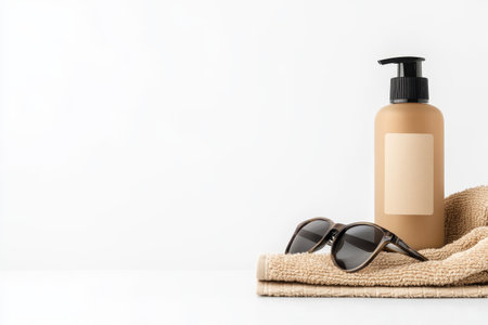 Sun protection products displayed with a towel and sunglasses on a clean white surface, emphasizing a summer skincare routine and outdoor preparation.の写真素材