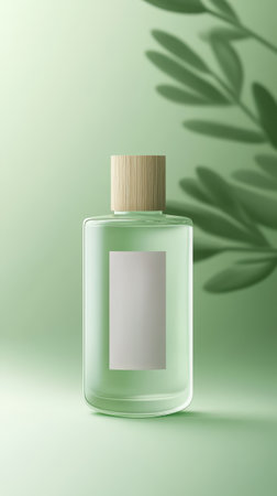 A striking green glass bottle with a wooden cap stands prominently against a soothing green backdrop, featuring a botanical shadow for added elegance.の写真素材