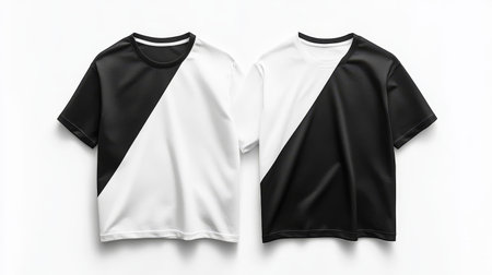 Two t-shirts featuring a contemporary black and white geometric design are showcased side by side,...