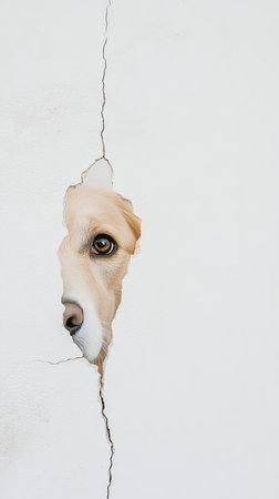 A curious dog peers through a hole in the wall, its expressive eyes hinting at a playful personality in a bright, cheerful environment.の写真素材