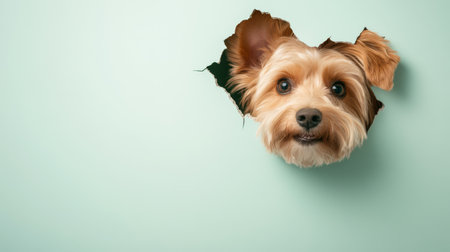 A small dog with fluffy ears is peeking through a hole in a light green wall, displaying a curious expression that highlights its playful nature.の写真素材