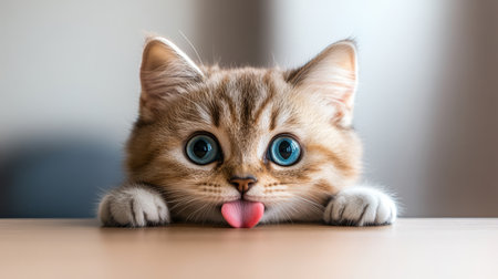 A cute British Shorthair cat playfully sticks out its tongue while resting its paws on a wooden table, displaying bright blue eyes and fluffy fur.の写真素材