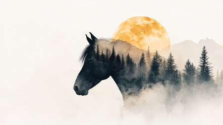 Intricate double exposure artwork blends the head of a horse with a tranquil landscape, featuring silhouetted trees and a glowing sun in the background.の写真素材