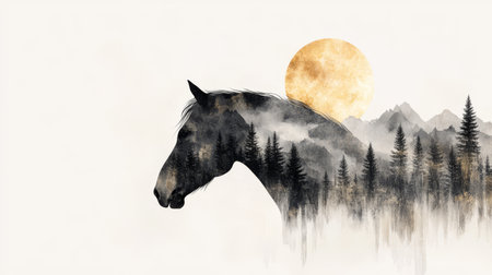 The majestic profile of a horse against a backdrop of misty mountains and a radiant sun, evoking a sense of tranquility and nature.の写真素材
