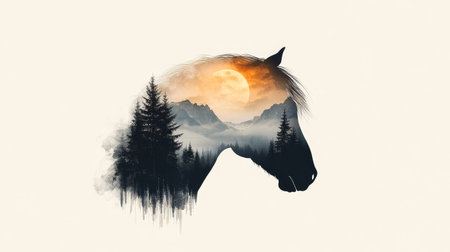 A beautiful horse head blends with a tranquil landscape of trees and a glowing sunset, exemplifying artistic double exposure.の写真素材