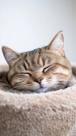 A content English shorthair cat lies peacefully in a soft, plush nest, enjoying a tranquil moment of rest during a cozy afternoon indoors.の写真素材