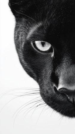 In striking black and white, the extreme close-up captures the piercing eyes and detailed textures of the panther's face, showing its majestic presence.の写真素材