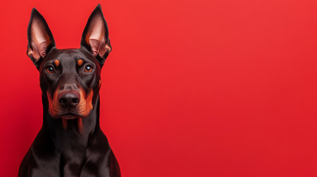 A sleek Doberman sits confidently against a vivid red background, showing its noble features and alert demeanor in a well-lit indoor environment.の写真素材