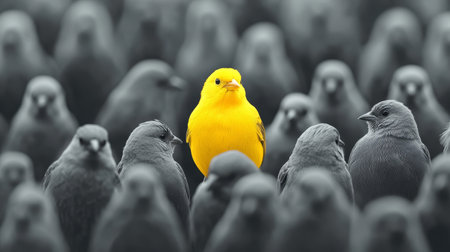 A vivid yellow canary is surrounded by numerous gray birds, creating a stunning contrast that highlights its bright color in the peaceful twilight atmosphere.の写真素材