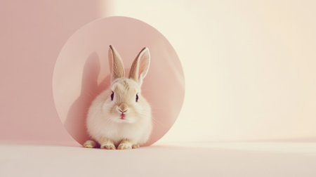 A fluffy rabbit curiously emerges from a pastel pink circle, showing its adorable features in a serene indoor atmosphere with warm lighting.の写真素材