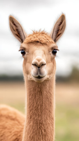 A pink alpaca gazes curiously at the camera, surrounded by a grassy field under a cloudy sky, highlighting its unique color and gentle demeanor.の写真素材