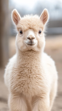 A fluffy alpaca stands gracefully in a calm outdoor space, displaying its soft coat while capturing the essence of tranquility in nature.の写真素材