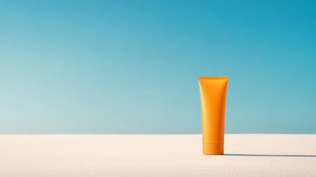 An orange tube of sunscreen stands upright on a white surface, reflecting the vibrant sunlight against a clear blue sky, ideal for summer activities.の素材