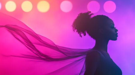 A dynamic cumbia dancer moves gracefully with flowing fabric, captured in vibrant colors under bright lights during an energetic performance.の素材