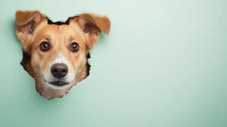 A curious dog peeks through a torn hole in a mint green wall, capturing an adorable moment filled with playful curiosity and surprise.の写真素材