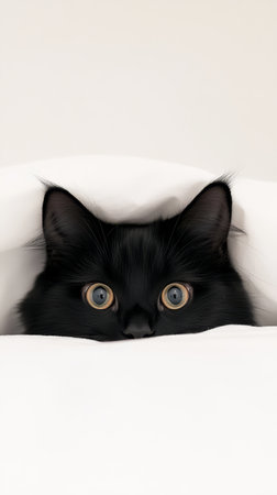 A playful black cat with wide eyes looks out from beneath a cozy blanket in a bright room, creating a charming and heartwarming moment.の写真素材