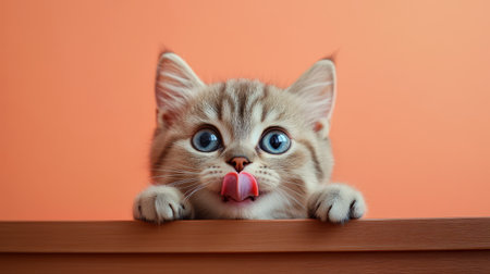 This adorable British Shorthair cat with striking blue eyes playfully sticks out its tongue while peeking over a wooden surface, creating a delightful moment.の写真素材