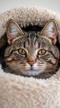 A shorthair cat relaxes in a plush nest, surrounded by soft fabric, enjoying a moment of tranquility in a serene indoor environment.の写真素材