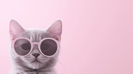 A cute, gray cat wearing round pink sunglasses looks confidently at the camera, set against a light pink background, showing its playful personality.の写真素材