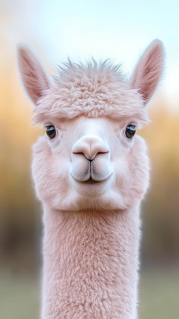 The cute pink alpaca stands proudly, showing its soft fur and curious expression against a blurred background, capturing the essence of a serene day.の写真素材