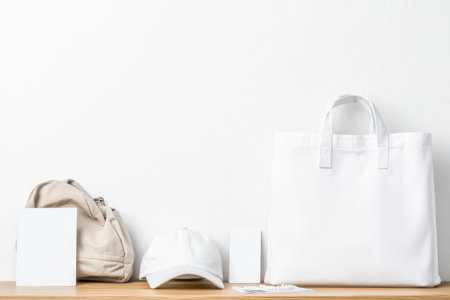 A curated arrangement of a backpack, white tote bag, cap, and stationery on a wooden surface, showcasing a modern and minimalistic aesthetic.の写真素材