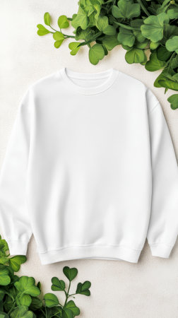 A simple white sweatshirt is placed on a light neutral background, accented with vibrant green leaves, perfect for showingcasing style or designs.の写真素材