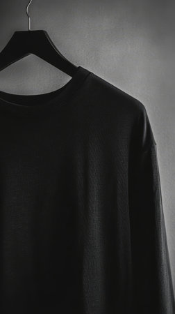 A black long sleeve shirt is displayed on a hanger, showcased against a simple gray wall in an elegant and modern atmosphere.の写真素材
