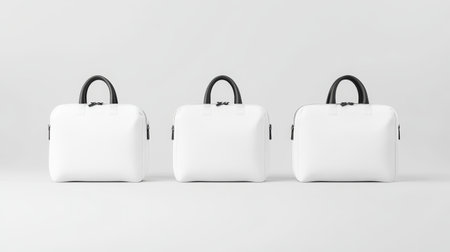 Three sleek, white tote bags are arranged symmetrically against a light backdrop, showing their contemporary design and practicality for daily use.の写真素材