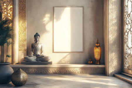 A peaceful interior showcases a Buddha statue, decorative artifacts, and warm light filtering through ornate windows, creating a serene atmosphere.の写真素材