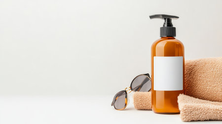 A brown bottle of sunscreen lotion sits beside a soft towel and sunglasses, creating a perfect setup for a relaxing day at the beach.の写真素材