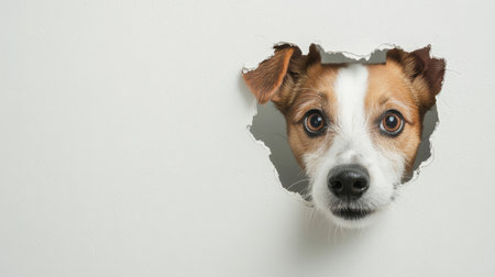 A dog with expressive eyes and perked ears peeks through a wall hole, displaying curiosity and playfulness in a cozy indoor environment.の写真素材