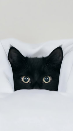 Soft light illuminates a black cat's wide eyes as it curiously peers out from a cozy white blanket, capturing a moment of innocence and playfulness.の写真素材
