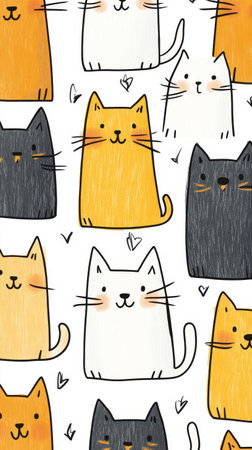 A lively arrangement of cartoon cats showcases playful expressions with distinct colors and patterns, creating a cheerful atmosphere.の写真素材