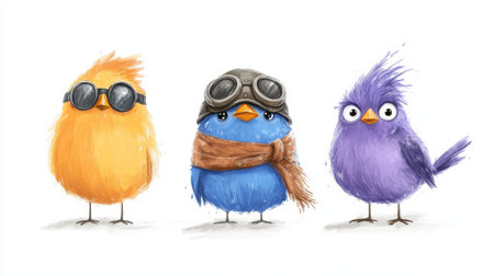 Three vibrant birds present their individual styles; a blue bird dons a helmet and goggles, radiating a sense of adventure and fun.の写真素材