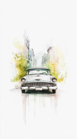A classic car cruises down a spring street in New York, flanked by buildings and vibrant greenery,...