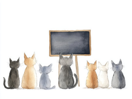 Eight playful cats of various colors sit in a row, gazing at a blank chalkboard, creating a humorous and charming atmosphere.の写真素材