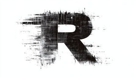 Black letter R in a thin, glitchy hacker font contrasts sharply against a white background, creating a bold visual statement.の写真素材