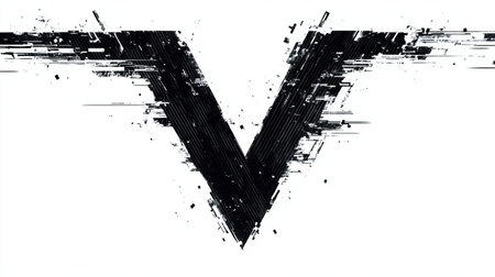 A striking representation of the letter V in a glitchy hacker font, showcasing thin black lines and digital distortion effects on a white backdrop.の素材