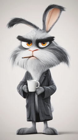 Gray rabbit character stands confidently with a coffee cup in hand, showing a smooth caricature look with an expressive personality.の写真素材