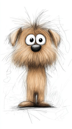 Cute cartoon plush dog features shaggy fur, oversized eyes, and a charming smile, ready to bring joy and happiness to any setting.の写真素材