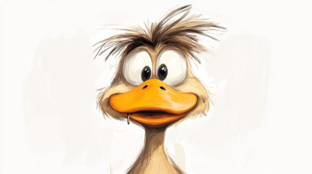 A funny duck with messy hair displays a quirky expression, showing its playful nature and distinctive features in a bright setting.の写真素材