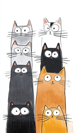 A playful arrangement of cats featuring various colors and distinct expressions, reflecting the lighthearted charm of cartoon art style.の写真素材