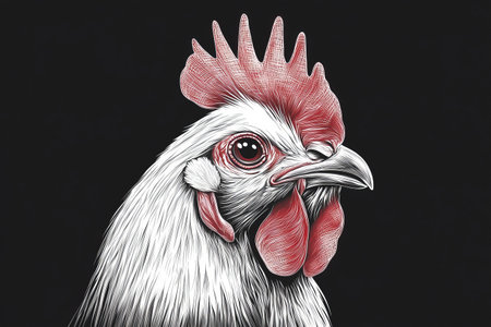 This vibrant rooster features a detailed, multilayer design that highlights its unique colors and striking beauty.の写真素材