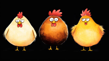 Three oversized, chubby chickens, each with distinct colors and expressions, stand closely together in a playful and humorous arrangement.の写真素材
